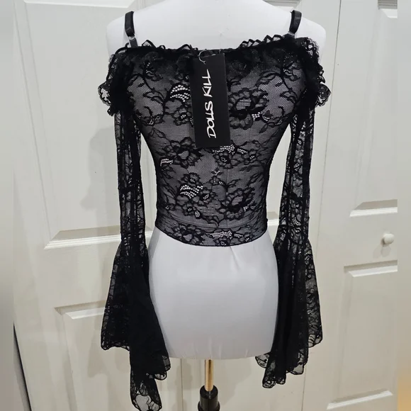 Dolls Kill Widow Gothic With Grace Black Mesh Lace Cropped Sheer Top S - Picture 7 of 12